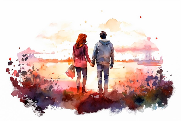 une illustration à l'aquarelle représente un couple dans un moment tendre regardant le soleil couchant