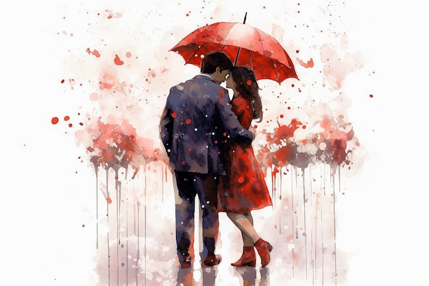 une illustration à l'aquarelle représente un couple qui se promène à l'extérieur après la pluie