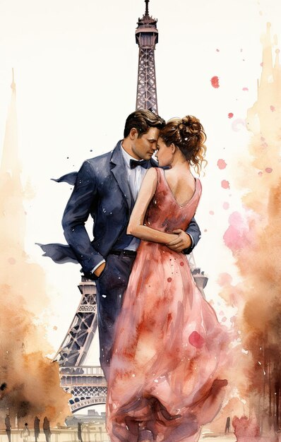 Photo illustration à l'aquarelle romantique d'un homme et d'une femme en arrière-plan de la tour eiffel en france