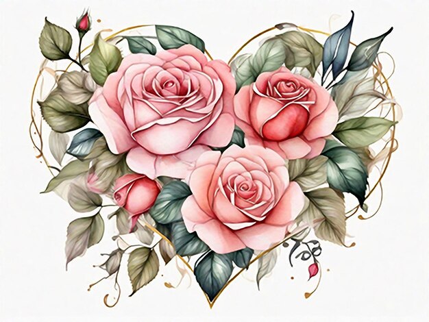 Illustration à l'aquarelle de roses en forme de fleur de cœur