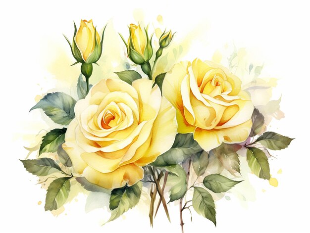 Illustration à l'aquarelle de roses jaunes sur blanc