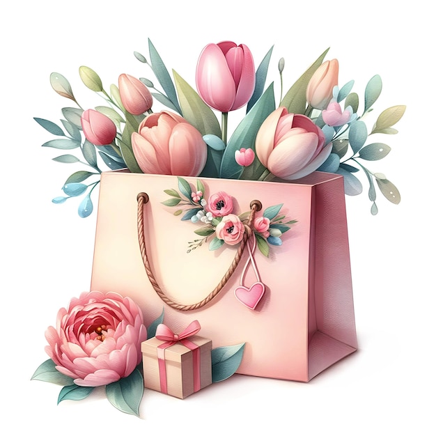 Illustration à l'aquarelle d'un sac d'achat de roses avec des fleurs de printemps