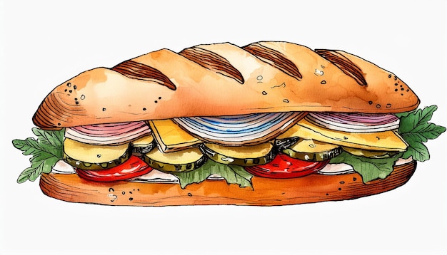 Photo illustration à l'aquarelle d'un sandwich avec de la viande, des légumes, des cornichons et du fromage.
