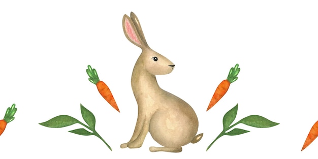 Illustration à l'aquarelle sans couture sur le thème de Pâques avec une carotte de lapin brun et une feuille F