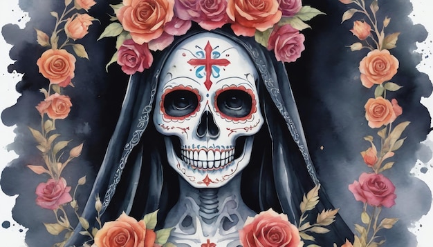 Photo illustration à l'aquarelle de la santa muerte avec le crâne de sucre floral de la moissonneuse