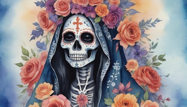 Illustration à l'aquarelle de La Santa Muerte ornée de fleurs