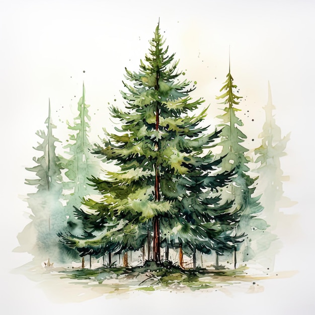 Illustration aquarelle avec sapins sur fond blanc