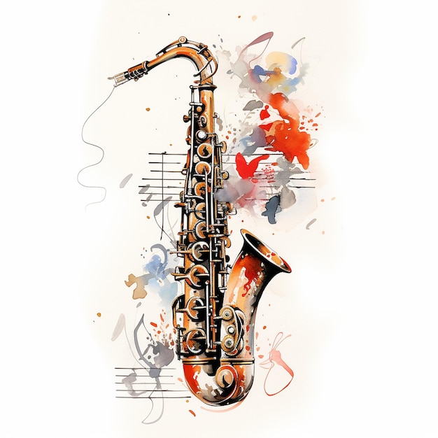 Photo illustration d'aquarelle de saxophone vectoriel coloré dessin de fond blanc pour illustration de saxophone