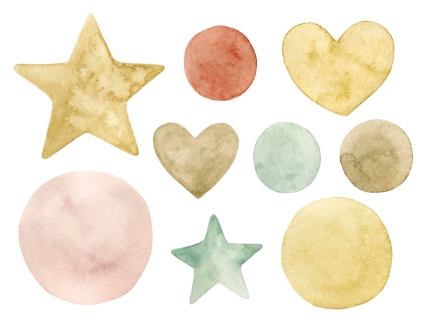 Illustration à l'aquarelle sertie de formes simples, d'étoiles, de points, de coeurs. Isolé sur fond blanc.