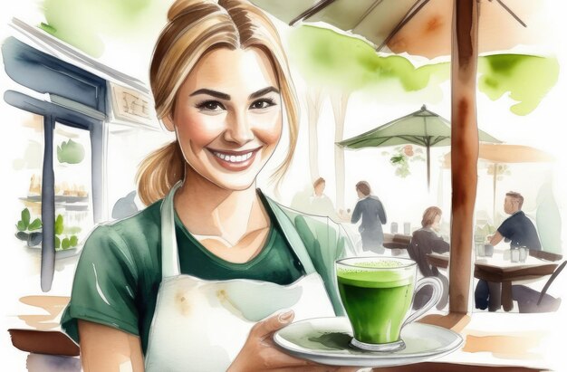 illustration à l'aquarelle d'une serveuse caucasienne souriante avec une tasse de thé matcha vert japonais sur un plateau