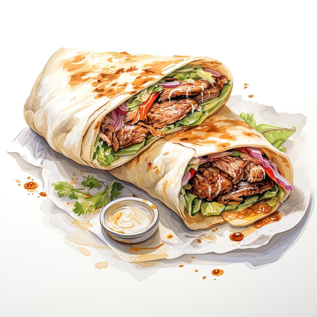 Illustration aquarelle Shawarma sur fond blanc