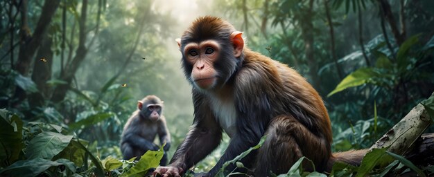 Photo illustration à l'aquarelle de singes de jungle en plastique au milieu de la pollution dans la jungle