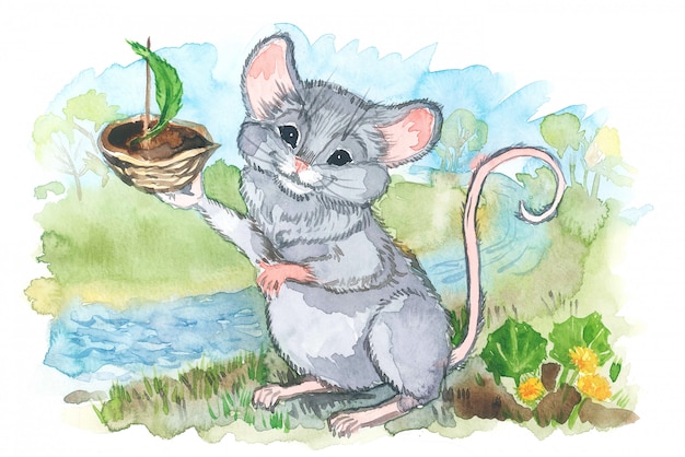 Illustration aquarelle de La souris lance un bateau dans la crique.