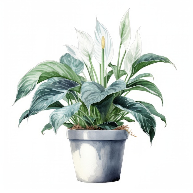 Illustration aquarelle d'un spathiphyllum dans un pot