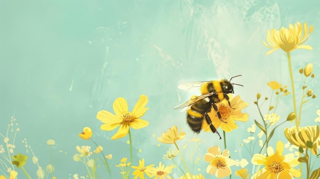 Illustration à l'aquarelle de style vintage Journée mondiale de l'abeille abeille de miel parmi les fleurs jaunes sur un fond bleu copier l'espace libre pour le texte
