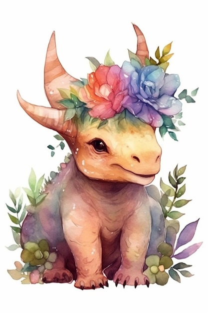 Illustration à l'aquarelle d'un taureau avec des fleurs sur la tête