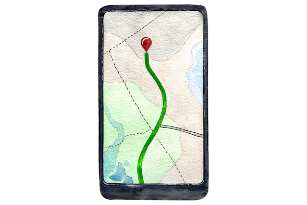 Photo illustration à l'aquarelle d'un téléphone mobile avec navigation activée et une carte sur fond blanc