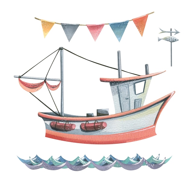 Illustration à l'aquarelle sur le thème du bateau de pêche en mer