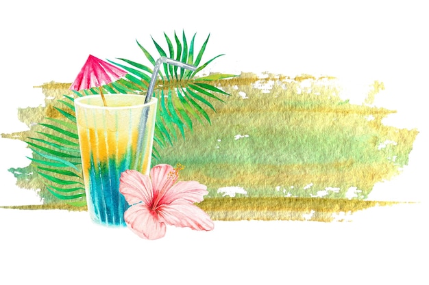 Illustration à l'aquarelle sur un thème tropical Dessin d'une boisson multicolore dans un verre et d'une fleur hawaïenneHawaii