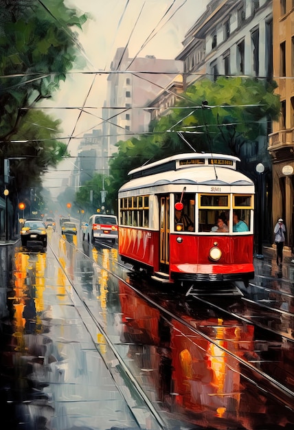 Illustration à l'aquarelle d'un tramway dans une ville Generative AI