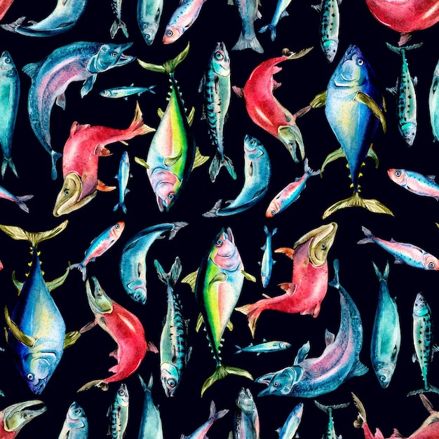 Illustration aquarelle transparente motif de différents poissons de mer isolée sur fond noir