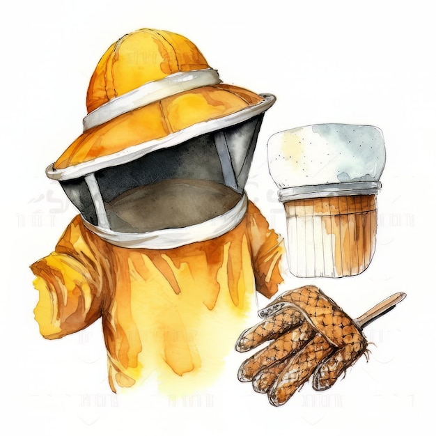 Une illustration à l'aquarelle d'un travailleur dans une combinaison de protection jaune et un gant.