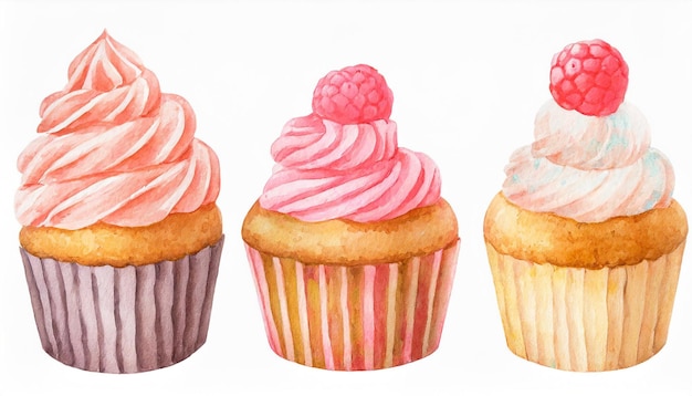 Illustration à l'aquarelle de trois cupcakes kawaii isolés sur un dessert blanc délicieux et sucré