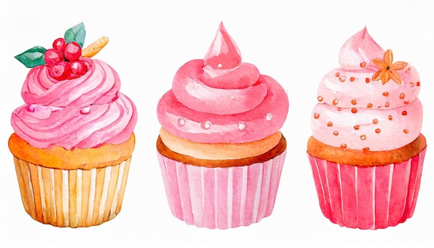 Illustration à l'aquarelle de trois cupcakes kawaii isolés sur un dessert blanc délicieux et sucré