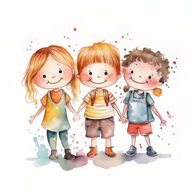 Illustration à l'aquarelle de trois enfants se tenant la main et le mot est en bas