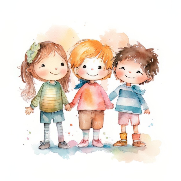 Illustration à l'aquarelle de trois enfants se tenant la main et le mot " sur le fond. "