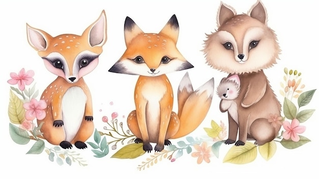 Une illustration aquarelle de trois renards avec fond 4k haute résolution