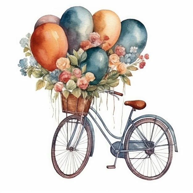 Illustration à l'aquarelle d'un vélo avec des ballons.