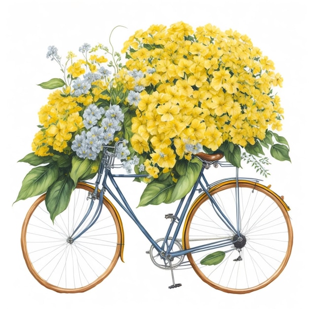 illustration à l'aquarelle d'un vélo jaune avec des fleurs d'hortensia