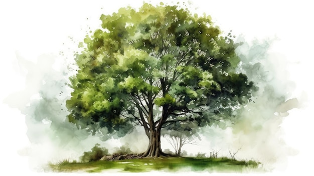 Illustration aquarelle vibrante d'un arbre vert isolé sur fond blanc