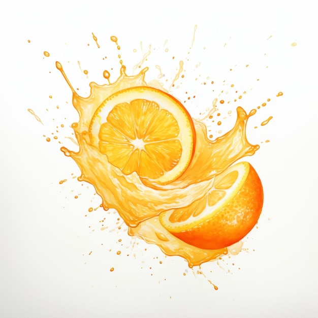 Illustration aquarelle vibrante éclaboussures de jus d'orange aigre sur blanc