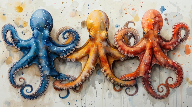 Illustration d'aquarelle vibrante d'une pieuvre sur un fond blanc par l'IA générative