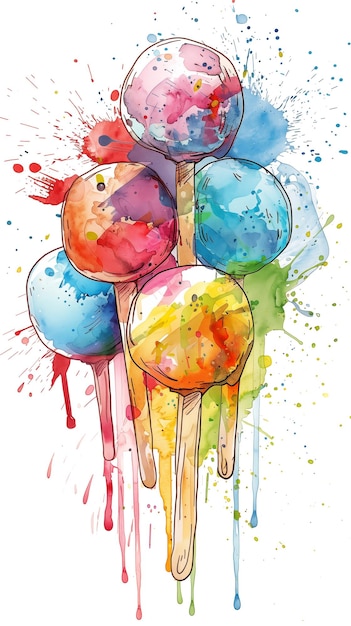 Photo illustration d'aquarelle vibrante de sucettes avec des éclaboussures de peinture colorée et des gouttes sur le blanc