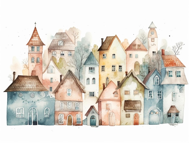 Une illustration à l'aquarelle d'une ville avec beaucoup de maisons.