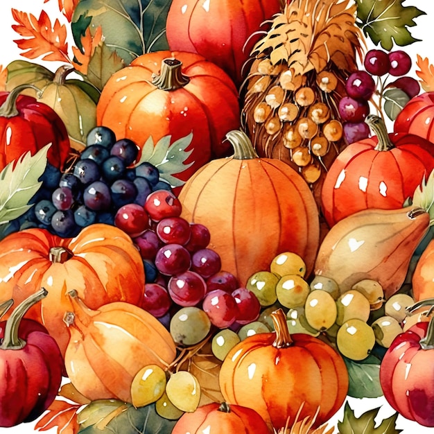 Illustration à l'aquarelle vintage d'une récolte abondante de fruits et légumes frais et sains