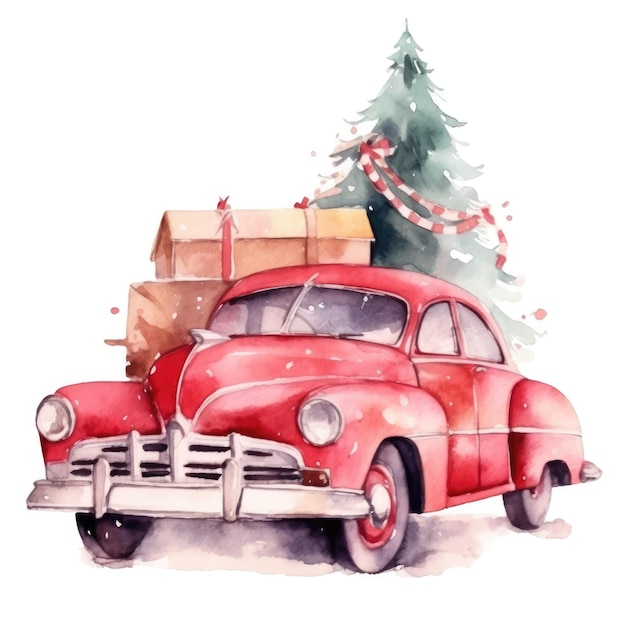 Illustration aquarelle de voiture rétro rouge avec arbre de noël et coffrets cadeaux