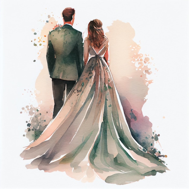 Illustration aquarelle de la vue arrière du beau couple de mariage