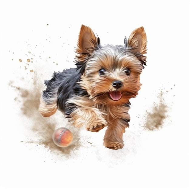 Illustration aquarelle d'un yorkshire terrier courant avec une balle