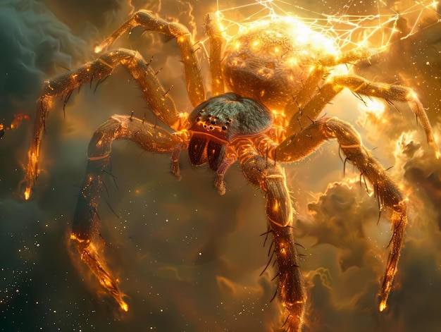 Illustration d'araignée flamboyante majestueuse avec des effets d'étincelle électrique sur fond sombre œuvre d'art fantastique