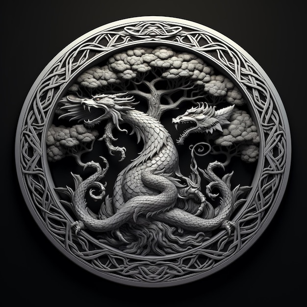 Photo illustration de l'arbre celtique et du dragon dans un cadre rond sculpté très