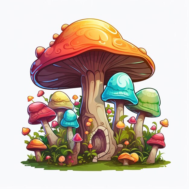 Photo illustration de l'arbre à champignons coloré image vectorielle 2d de style dessin animé