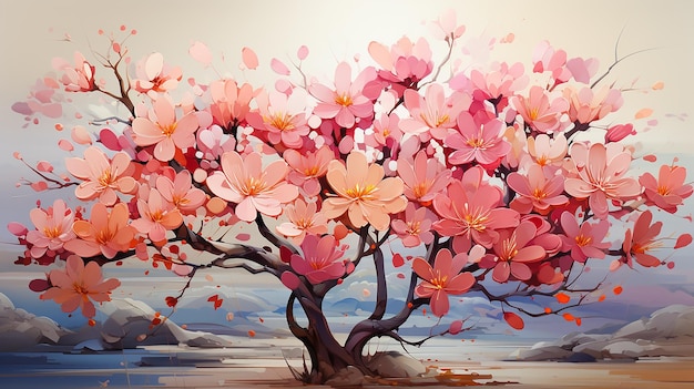 Illustration un arbre fleurit avec des fleurs roses et orange abstraites