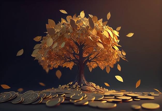 Illustration d'un arbre d'or avec des pièces sur les branches et le sol sur fond sombre AI