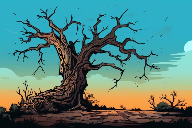 Illustration d'un arbre sans feuilles dans un paysage désertique ai génératif