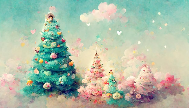 illustration d'arbres et de décorations de noël avec style anime et couleur pastel