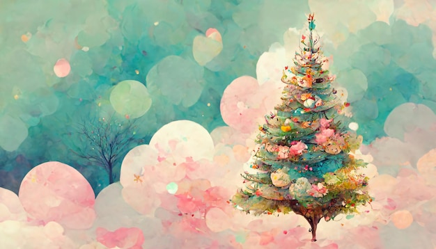 illustration d'arbres et de décorations de noël avec style anime et couleur pastel